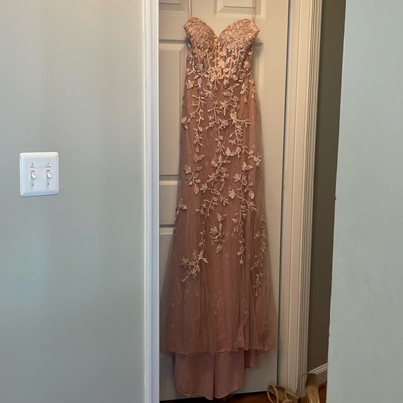 Chic Blush Pink Strapless Pearl Corset Bow Prom Dresses main image 0